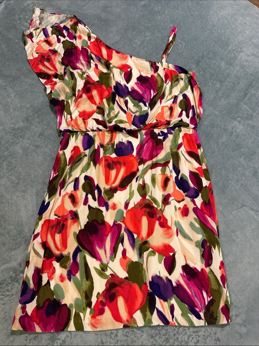 Cream & Floral Dress with one Flutter Sleeve and one Strap, size 12